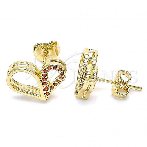 Oro Laminado Stud Earring, Gold Filled Style Heart Design, with Garnet Micro Pave, Polished, Golden Finish, 02.156.0457.2