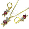 Oro Laminado Earring and Pendant Adult Set, Gold Filled Style Teddy Bear and Heart Design, with Ruby Cubic Zirconia and White Micro Pave, Polished, Golden Finish, 10.196.0027.1