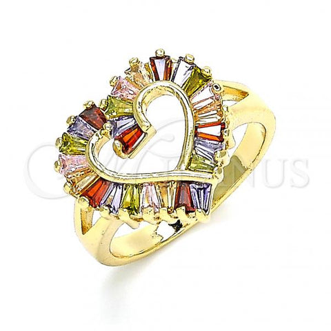 Oro Laminado Multi Stone Ring, Gold Filled Style Heart Design, with Multicolor Cubic Zirconia, Polished, Golden Finish, 01.283.0017.1.07