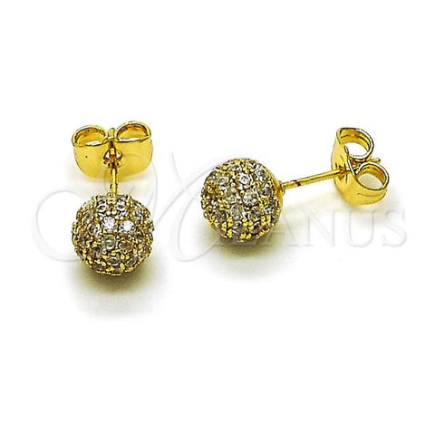 Oro Laminado Stud Earring, Gold Filled Style Ball Design, with White Cubic Zirconia, Polished, Golden Finish, 02.283.0248