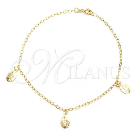 Oro Laminado Charm Anklet , Gold Filled Style Guadalupe and Rolo Design, Polished, Golden Finish, 03.02.0066.10