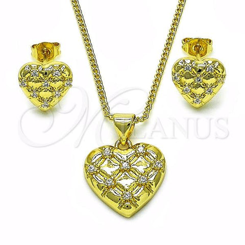Oro Laminado Earring and Pendant Adult Set, Gold Filled Style Heart Design, with White Cubic Zirconia, Polished, Golden Finish, 10.156.0486
