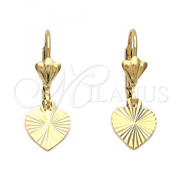 Oro Laminado Dangle Earring, Gold Filled Style Heart Design, Diamond Cutting Finish, Golden Finish, 5.109.012