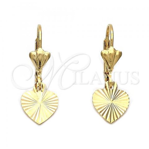 Oro Laminado Dangle Earring, Gold Filled Style Heart Design, Diamond Cutting Finish, Golden Finish, 5.109.012