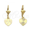 Oro Laminado Dangle Earring, Gold Filled Style Heart Design, Diamond Cutting Finish, Golden Finish, 5.109.012