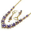 Oro Laminado Necklace and Earring, Gold Filled Style Flower Design, with Amethyst Cubic Zirconia, Polished, Golden Finish, 06.221.0015.2