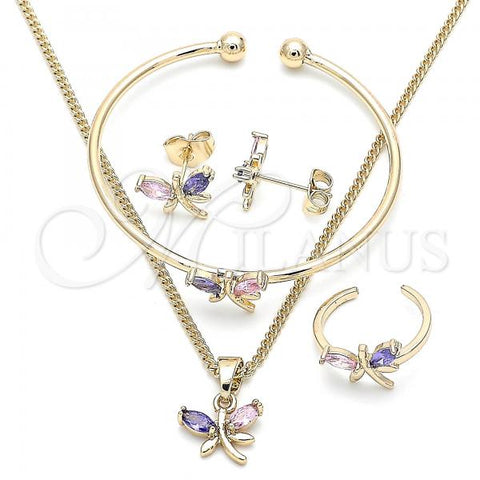 Oro Laminado Earring and Pendant Children Set, Gold Filled Style Dragon-Fly Design, with Multicolor Cubic Zirconia, Polished, Golden Finish, 06.210.0020