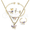 Oro Laminado Earring and Pendant Children Set, Gold Filled Style Dragon-Fly Design, with Multicolor Cubic Zirconia, Polished, Golden Finish, 06.210.0020