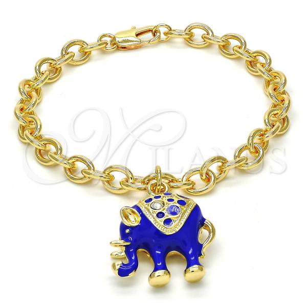 Oro Laminado Charm Bracelet, Gold Filled Style Elephant and Rolo Design, with White Crystal, Blue Enamel Finish, Golden Finish, 03.179.0001.3.07