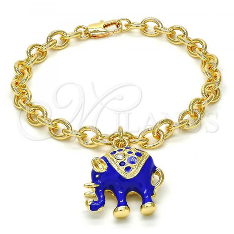 Oro Laminado Charm Bracelet, Gold Filled Style Elephant and Rolo Design, with White Crystal, Blue Enamel Finish, Golden Finish, 03.179.0001.3.07