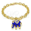 Oro Laminado Charm Bracelet, Gold Filled Style Elephant and Rolo Design, with White Crystal, Blue Enamel Finish, Golden Finish, 03.179.0001.3.07