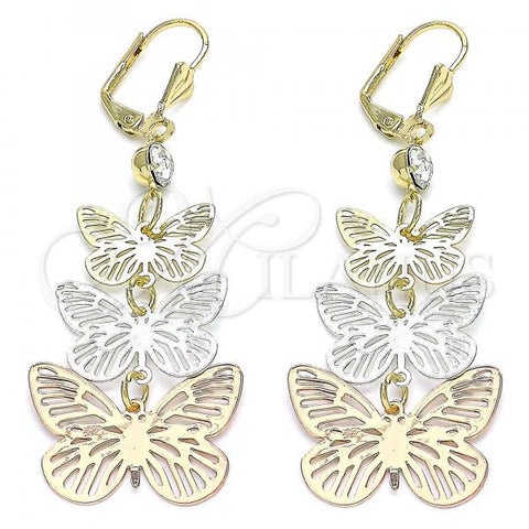 Oro Laminado Long Earring, Gold Filled Style Butterfly Design, with White Crystal, Polished, Tricolor, 02.351.0115