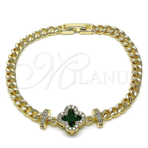 Oro Laminado Fancy Bracelet, Gold Filled Style Four-leaf Clover and Miami Cuban Design, with Black Cubic Zirconia and White Micro Pave, Diamond Cutting Finish, Golden Finish, 03.283.0416.3.07