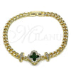 Oro Laminado Fancy Bracelet, Gold Filled Style Four-leaf Clover and Miami Cuban Design, with Black Cubic Zirconia and White Micro Pave, Diamond Cutting Finish, Golden Finish, 03.283.0416.3.07