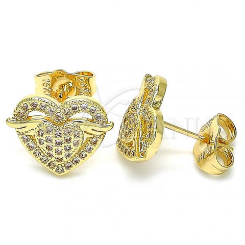 Oro Laminado Stud Earring, Gold Filled Style Heart Design, with White Micro Pave, Polished, Golden Finish, 02.156.0487