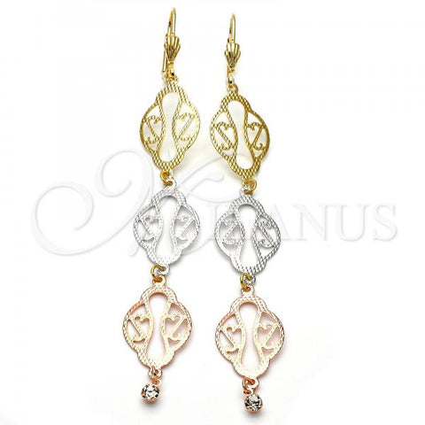 Oro Laminado Long Earring, Gold Filled Style Filigree Design, with White Cubic Zirconia, Diamond Cutting Finish, Tricolor, 5.107.011