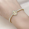 Oro Laminado Fancy Bracelet, Gold Filled Style San Judas and Baguette Design, with White Cubic Zirconia, Polished, Tricolor, 03.411.0032.07
