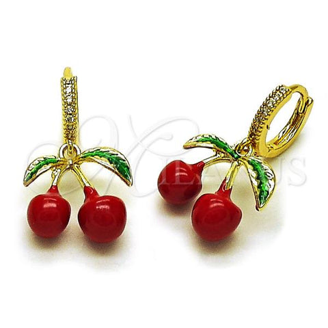 Oro Laminado Dangle Earring, Gold Filled Style Cherry Design, with White Micro Pave, Red Enamel Finish, Golden Finish, 02.417.0006