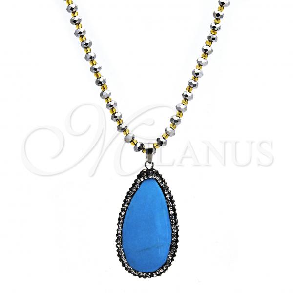 Stainless Steel Pendant Necklace, Teardrop Design, with Dark Brown Crystal and Blue Topaz Opal, Polished, Steel Finish, 04.232.0007.31