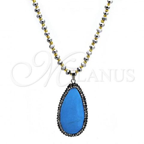 Stainless Steel Pendant Necklace, Teardrop Design, with Dark Brown Crystal and Blue Topaz Opal, Polished, Steel Finish, 04.232.0007.31
