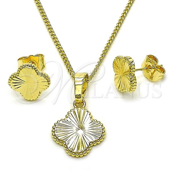 Oro Laminado Earring and Pendant Adult Set, Gold Filled Style Four-leaf Clover Design, Diamond Cutting Finish, Golden Finish, 10.413.0004