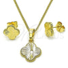 Oro Laminado Earring and Pendant Adult Set, Gold Filled Style Four-leaf Clover Design, Diamond Cutting Finish, Golden Finish, 10.413.0004