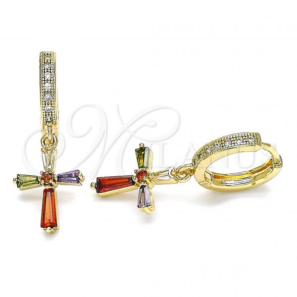 Oro Laminado Huggie Hoop, Gold Filled Style Cross Design, with Multicolor Cubic Zirconia and White Micro Pave, Polished, Golden Finish, 02.316.0074.15