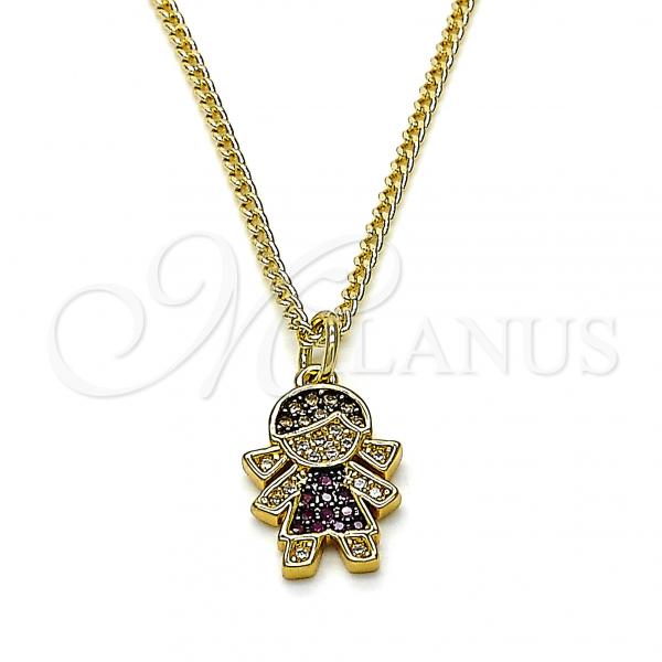 Oro Laminado Pendant Necklace, Gold Filled Style Little Girl Design, with Garnet and White Micro Pave, Black Enamel Finish, Golden Finish, 04.341.0022.2.20