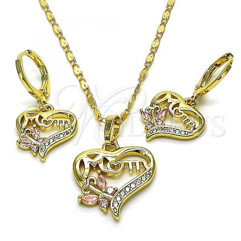 Oro Laminado Earring and Pendant Adult Set, Gold Filled Style Heart and Butterfly Design, with Pink Cubic Zirconia and White Micro Pave, Polished, Golden Finish, 10.196.0094