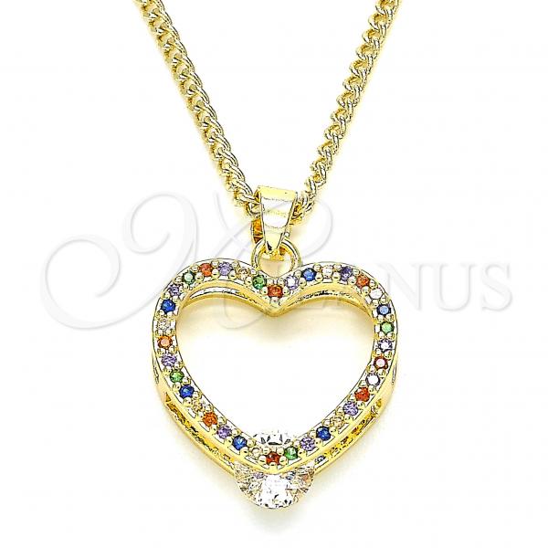 Oro Laminado Pendant Necklace, Gold Filled Style Heart Design, with Multicolor Micro Pave, Polished, Golden Finish, 04.94.0037.2.20