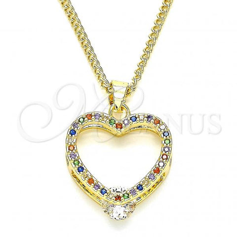 Oro Laminado Pendant Necklace, Gold Filled Style Heart Design, with Multicolor Micro Pave, Polished, Golden Finish, 04.94.0037.2.20