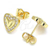 Oro Laminado Stud Earring, Gold Filled Style Heart Design, with White Micro Pave, Polished, Golden Finish, 02.233.0048