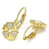 Oro Laminado Leverback Earring, Gold Filled Style Flower and Heart Design, with White Micro Pave, Polished, Golden Finish, 02.210.0382