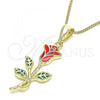 Oro Laminado Pendant Necklace, Gold Filled Style Flower Design, Red Enamel Finish, Golden Finish, 04.253.0016.20