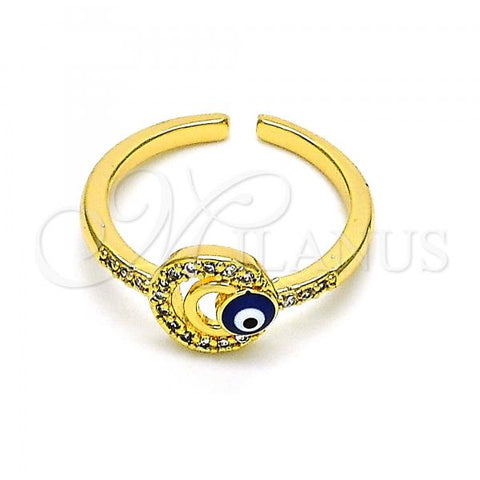 Oro Laminado Multi Stone Ring, Gold Filled Style Evil Eye Design, with White Micro Pave, Blue Enamel Finish, Golden Finish, 01.310.0035