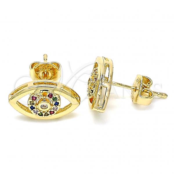 Oro Laminado Stud Earring, Gold Filled Style with Multicolor Micro Pave, Polished, Golden Finish, 02.156.0440.2