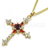 Oro Laminado Pendant Necklace, Gold Filled Style Cross Design, with Garnet and White Cubic Zirconia, Polished, Golden Finish, 04.284.0011.1.22