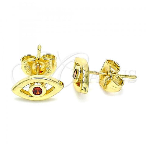Oro Laminado Stud Earring, Gold Filled Style Evil Eye Design, with Garnet Cubic Zirconia, Polished, Golden Finish, 02.156.0605.1