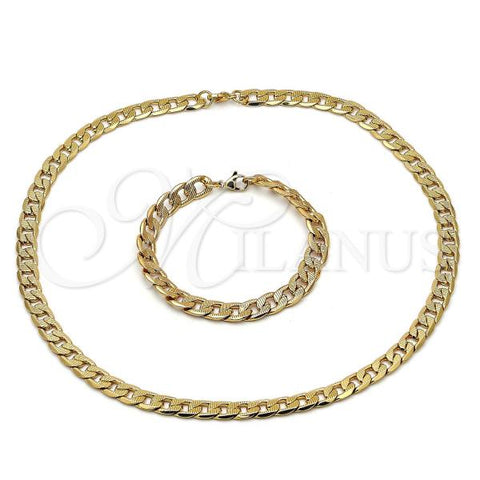 Stainless Steel Necklace and Bracelet, Pave Cuban Design, Diamond Cutting Finish, Golden Finish, 06.116.0027.1