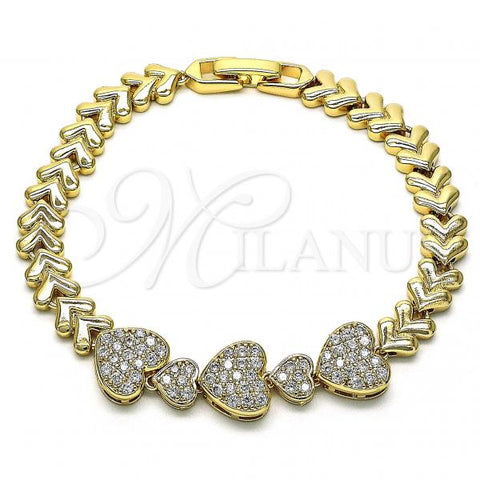 Oro Laminado Fancy Bracelet, Gold Filled Style Heart Design, with White Micro Pave, Polished, Golden Finish, 03.283.0164.07