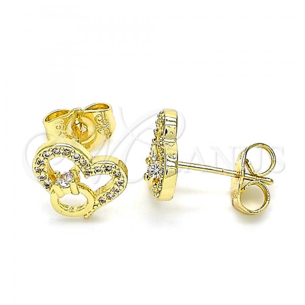 Oro Laminado Stud Earring, Gold Filled Style Heart Design, with White Micro Pave, Polished, Golden Finish, 02.156.0628