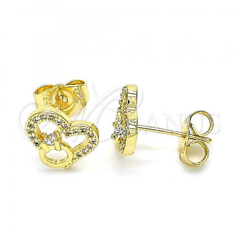 Oro Laminado Stud Earring, Gold Filled Style Heart Design, with White Micro Pave, Polished, Golden Finish, 02.156.0628