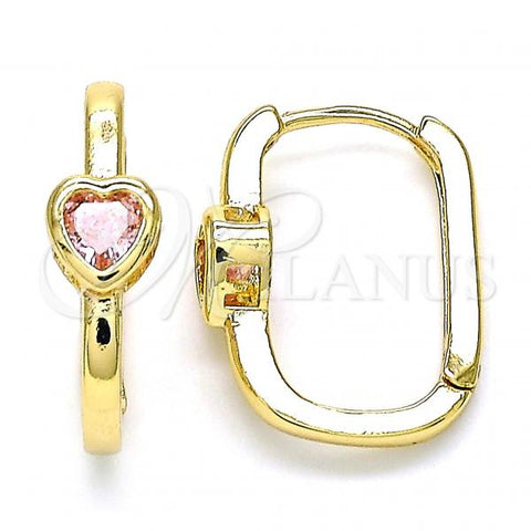 Oro Laminado Huggie Hoop, Gold Filled Style Heart Design, with Pink Cubic Zirconia, Polished, Golden Finish, 02.210.0554.15