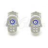 Sterling Silver Stud Earring, Hand of God and Evil Eye Design, with White Micro Pave, Blue Enamel Finish, Rhodium Finish, 02.336.0152