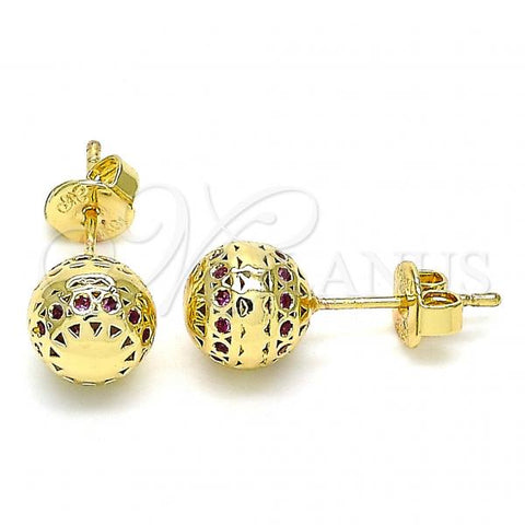 Oro Laminado Stud Earring, Gold Filled Style Ball Design, with Ruby Micro Pave, Polished, Golden Finish, 02.156.0385.2