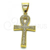 Oro Laminado Religious Pendant, Gold Filled Style Cross Design, with White Micro Pave, Polished, Golden Finish, 05.342.0088