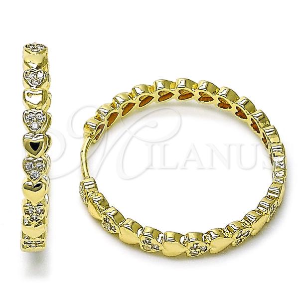 Oro Laminado Huggie Hoop, Gold Filled Style Heart Design, with White Micro Pave, Polished, Golden Finish, 02.204.0033.30