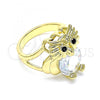 Oro Laminado Multi Stone Ring, Gold Filled Style Owl Design, with White and Black Cubic Zirconia, Polished, Golden Finish, 01.380.0016.07