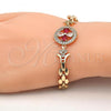 Oro Laminado Fancy Bracelet, Gold Filled Style Flower Design, with Ruby and White Cubic Zirconia, Polished, Golden Finish, 03.210.0044.4.08