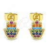 Oro Laminado Stud Earring, Gold Filled Style Hand of God Design, with Multicolor Micro Pave, Polished, Golden Finish, 02.210.0431.1